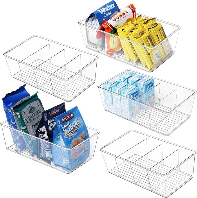 Wilfox 5 Pack Clear Pantry Organizer Bins with Removable Dividers, Kitchen Storage and Organization Product Accessories