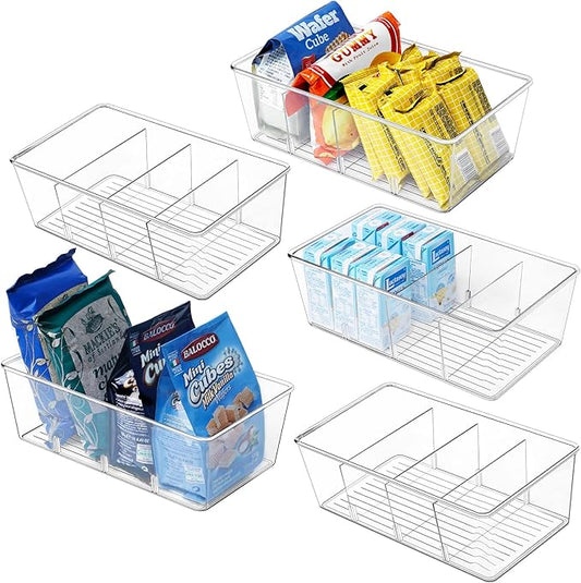 Wilfox 5 Pack Clear Pantry Organizer Bins with Removable Dividers, Kitchen Storage and Organization Product Accessories