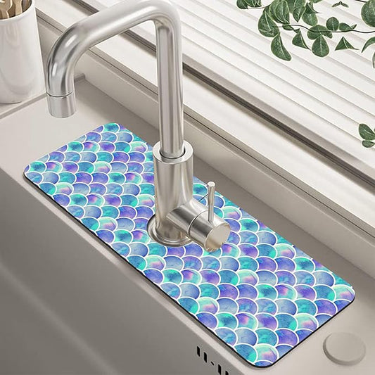 Watercolor Rainbow Scales Sink Faucet Absorbing Mat Sink Splash Guard Faucet Mat Draining Mat Fast Drying Sink Protectors for Kitchen and Bathroom 5.5"×15"