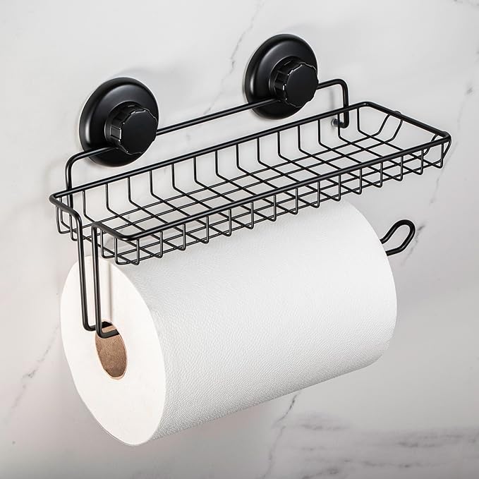HASKO Suction Cup Paper Towel Holder with Shelf and Hooks - Wall Mount Metal Organizer for Bathroom & Kitchen - SUS 304 Stainless Steel Tissue Roll Hanger - Black