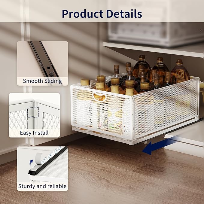 Pull Out Cabinet Organizer,Metal Carbon Steel and Silent sliding Design,Heavy Duty Cabinet Slide Out Shelves for Storing and Organizing Bathrooms, Kitchens, Bedroom 15.7" D*9.6" W*8.4" H