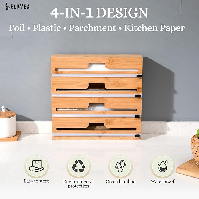 4-in-1 Bamboo Wrap Organizer with Cutter – Holds Plastic Wrap, Foil, Parchment & Paper Towels – Drawer or Countertop Use – Durable Bamboo Dispenser with Labels