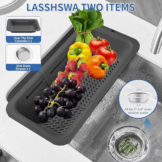 LASSHSWA Collapsible Colander and Strainer for Kitchen, Over the Sink Strainer Basket for Kitchen, Fruit Pasta Food Strainer Expandable Plastic Colander (Black)