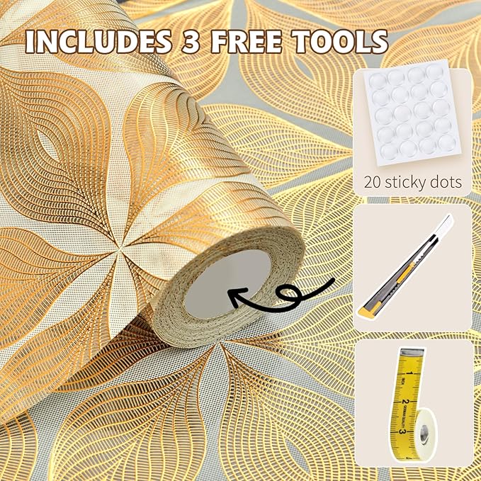 Drawer and Shelf Liner for Kitchen Cabinet,Non-Adhesive Waterproof Drawer Liner for Dresser & Bathroom Vanities with Adhesive Dots & Cutting Tool(12 in X 20 Ft Gold Leaf Pattern)