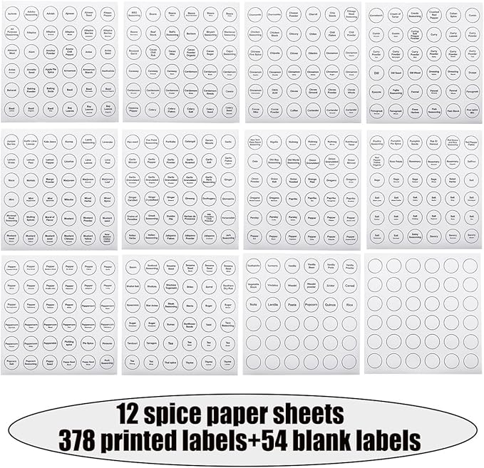 Spice Labels, 432Pcs Spice Labels Stickers 1.4in Waterproof Adhesive Round Preprinted Spice with Blank Label Black Tear Resistant Sticker for Kitchen Jars Caps Food Containers Organizers (White)