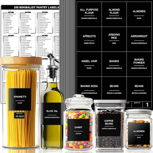288 Pantry Labels for Food Containers, Black Preprinted Minimalist Waterproof Stickers for Organizing Storage Bins, Jars and Kitchen