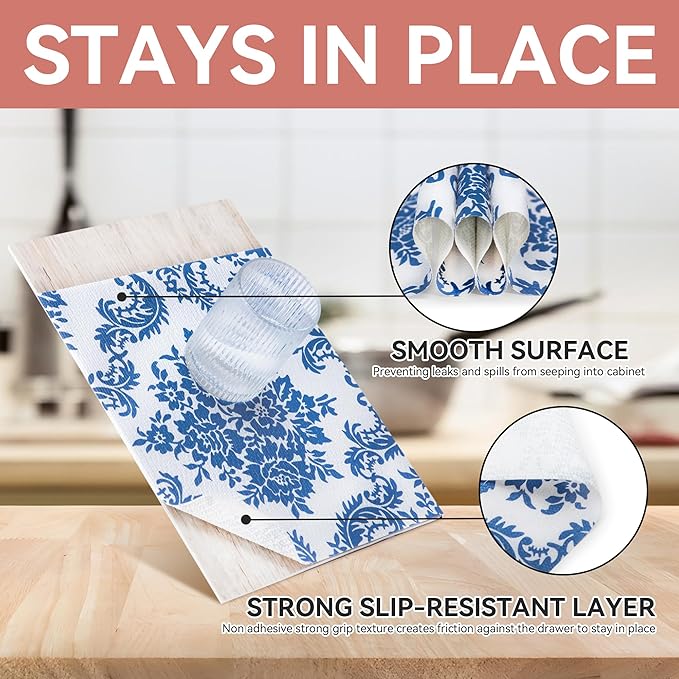 RAY STAR Shelf Liner, Non Adhesive Vintage Navy Blue Floral Kitchen Cabinet Liner for Pantry Drawer, Strong Grip Non Slip, Shelf Liners for Kitchen Cabinets Cupboard 18 Inch x 24 FT