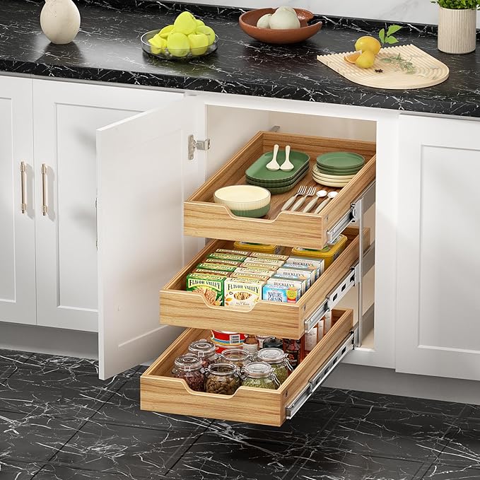 ROOMTEC 3 Tier Pull Out Cabinet Organizer, Heavy-Duty Pull Out Drawer, Slide Out Wood Shelf for Cabinets, Base Cabinet Organization for Pantry, Bathroom (12½"Wx21 D)