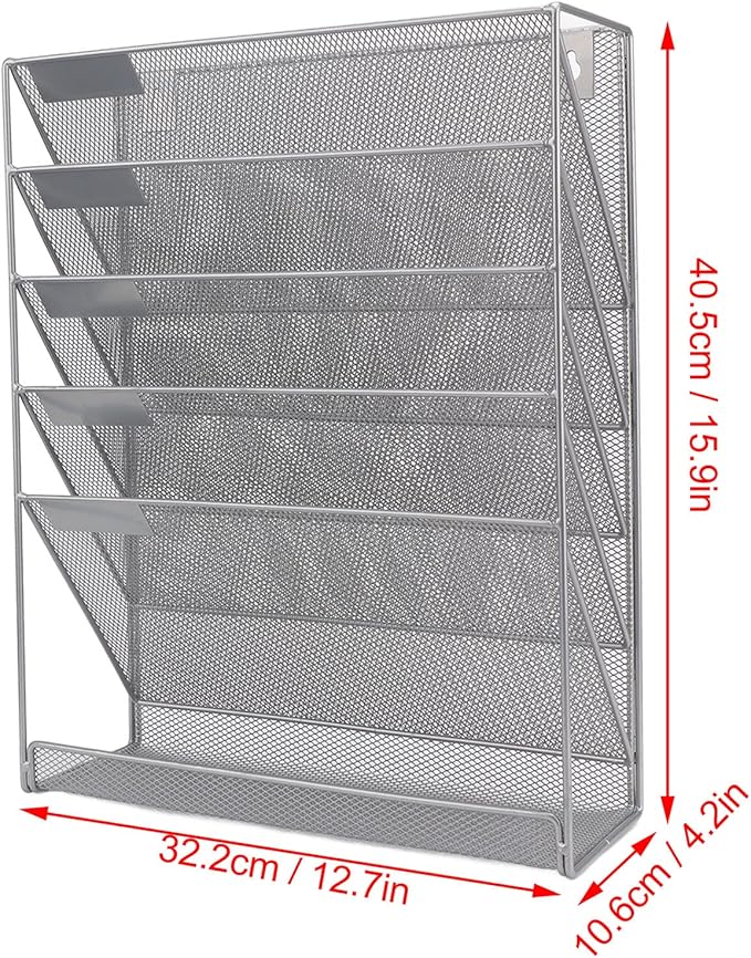 5 Tier Wall File Organizer with Hooks, Wall Mounted File Holder, Vertical Placement Iron Mesh Storage Rack with Label Panels, Easy Installation for Office Home Silver