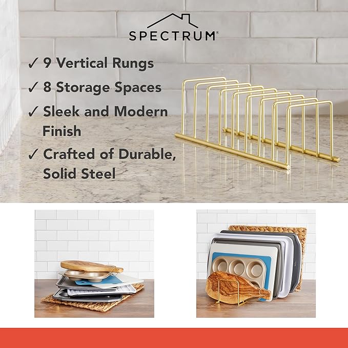 Spectrum Euro Cutting Board Holder Stand for Countertop or Inside Kitchen Cabinet Organization Gold, 8 Slot Cutting Board Drying Rack or Cabinet Plate Bakeware Storage Organizer (Pack of 6)