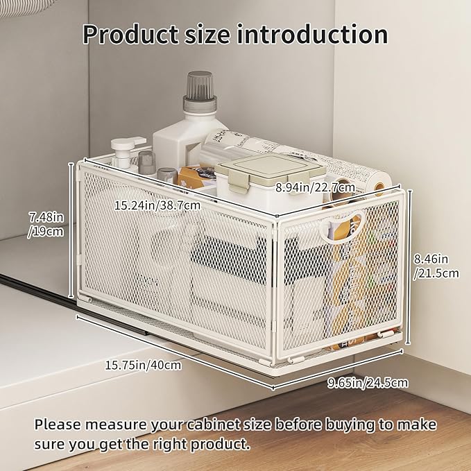 2 Pack Pull Out Cabinet Drawer,Metal Mesh Slide Out Shelves Organizer,Frameless Cabinets Suitable,Simple Housewares Pull Out Cabinet Sliding Basket (15.7" D*9.6" W*8.4" H)
