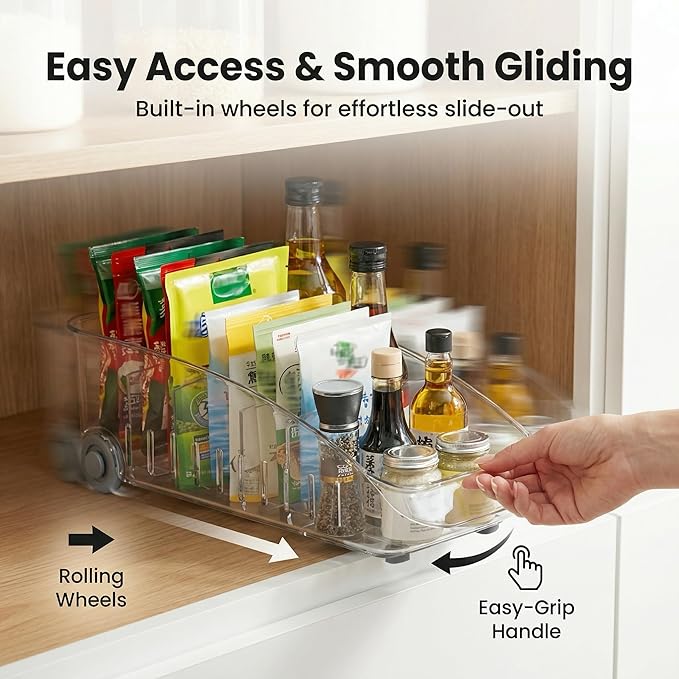 Refrigerator Organizer Bin with Wheels and Adhesive Utensil Holder Wall Mount Kitchen Rack Rail with 4 Hooks, Roll Out Pantry Storage with Dividers, Fridge Organizers and Storage