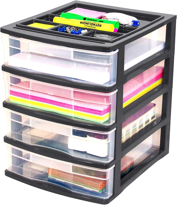 Gracious Living 4 Drawer Desktop & Countertop Organizer w/Organization Lid for Craft Storage, Office Supplies & School Supplies, Black/Clear (3 Pack)