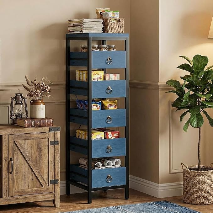 Kitchen Fruit Vegetable Storage Rack, 5-Tier Narrow Snack Fruit Display Stand with 5 Pull-Out Drawers Basket, Utility Organizer Standing Shelf for Kitchen Living Room Bathroom Supermarket, Blue