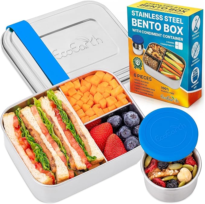 EcoEarth Stainless Steel Bento Box - 27 oz - Leakproof Metal Lunch Boxes for Adults with 3 Compartments - Small Tin Food Containers with Condiment Cups - Snack Box for Work - Blue