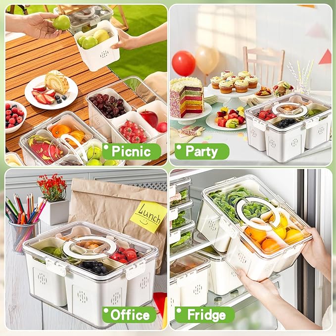NEWGDN Stackable Refrigerator Organizer Bins with Lids, 4-Compartment Fridge Storage Container with Colanders & Handles, Clear Airtight Food Saver for Fruit, Vegetables & Berries