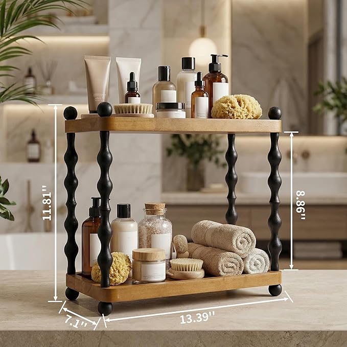 2 Tier Bathroom Counter Organizer, Wood Perfume Makeup & Skincare Organizers for Vanity, Retro Bathroom Sink Countertop Storage shelf for Corner, Kitchen and Coffee Station (Light Brown)