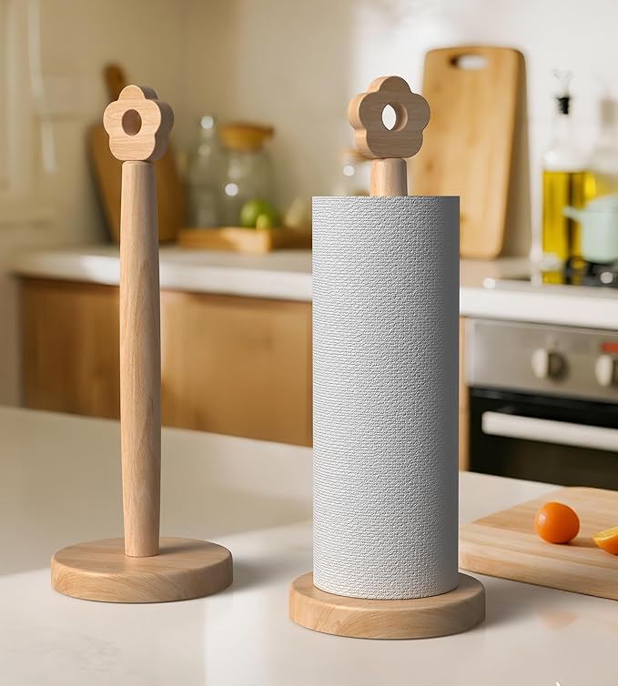 KitchLife Cute Wooden Paper Towel Holder Countertop - Solid Freestanding Paper Towel Dispenser Stand Organizer with Anti-Skid Base (Flower)