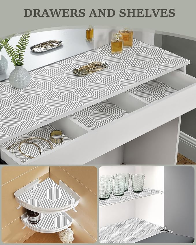 Shelf Liner Drawer Liner for Kitchen Cabinet Non-Adhesive Cabinet Liners Thickened Slip Resistant Waterproof Shelf Paper Protect Cupboard Dresser Shelves, Gray Hexagonal Geometric Stripe 11.8In x 10FT