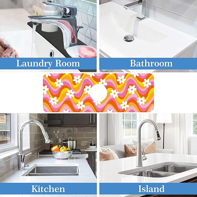 Faucet Mat Splash Guard Retro Floral Daisy, Soft Diatom Mud Material, Strong Water Absorption, Non-slip,Easy to Clean for Bathroom, Kitchen 15"X5.5"