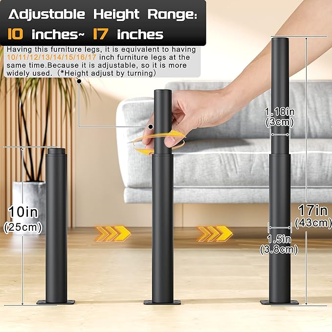 Metal Adjustable Furniture Legs 10-17 inch, Wlrrcwdttc Sofa Cabinet Legs Adjustable Height Replacement Support Legs for Bed/Couch/Dresser/Chair/TV Stand/Coffee Table, Legs for Furniture Set of 2-Black