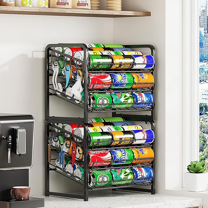 MIKEE 3-Tier Stackable Can Organizer for Pantry, Rolling Soda Can Dispenser with Removable Rubber Strips, Multi-Scenario Storage for Pantry&Kitchen for Cans & Bottles,Storage for 36 Cans, Black