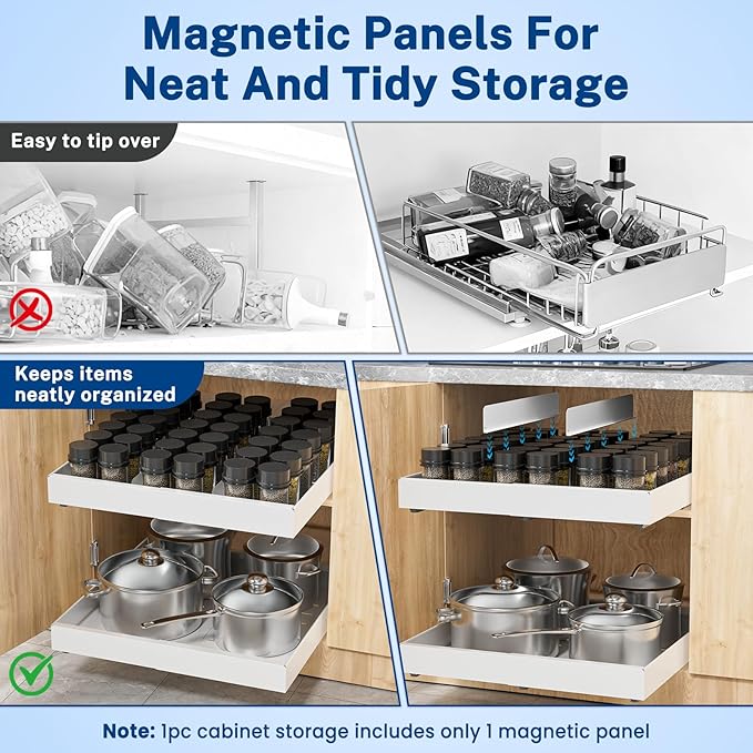 Insputer Pull Out Cabinet Organizer Expandable Width(12.2"-20.47") & 21" Deep, Slide Out Drawers for Kitchen, Pantry with Magnetic Panel, Upgrade 3 Slide Rails, No Drill Adhesive Roll Out Shelf White