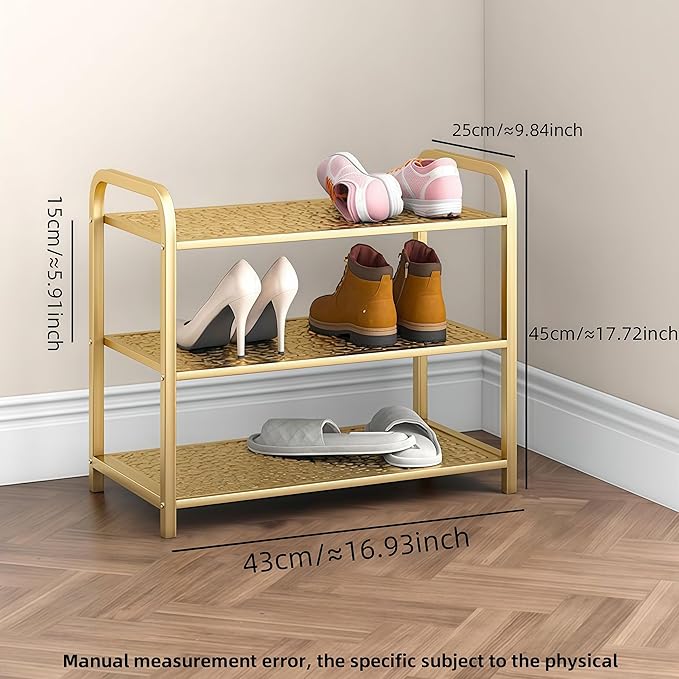 3 Tier Metal Shoe Rack Organizer Vertical Design Entryway Storage Cabinet for Entrance or Kitchen Small and Narrow Free Standing Gold