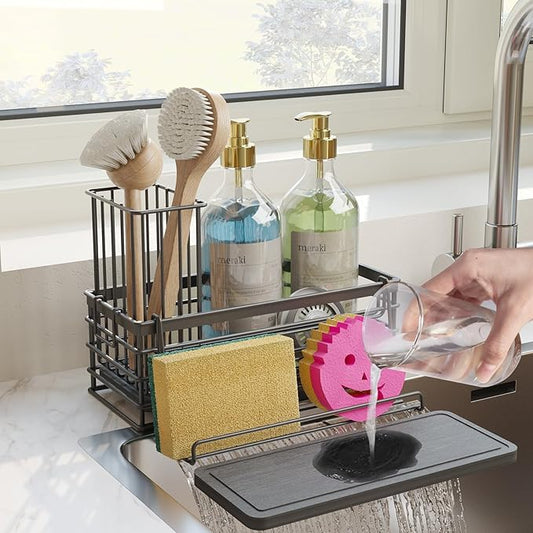 Sponge Holder for Kitchen Sink, Sink Caddy with Instant Drying Mat & Hook, Rustproof Waterproof Stainless Steel Kitchen Organizer, Soap Dispenser Storage (Black, 9.25"x3.7"x5.5")