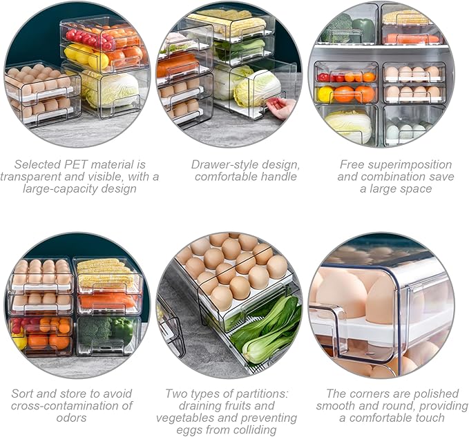 Fridge Drawer 2 Layer Pull-Out Transparent PET Fridge Drawer Organizer Stackable Fresh Keeping Refrigerator Organizer ...