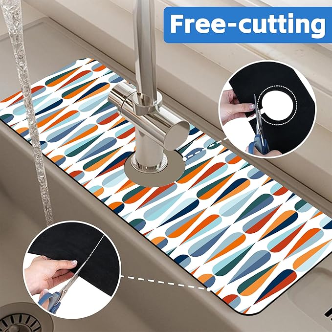 Mid-Century Drop Shapes Kitchen Sink Splash Guard Mat Absorbent Fast Drying Mat Faucet Draining Mat Sink Splash Guard Behind Faucet Drip Catcher for Kitchen Bathroom 5.5"×15"