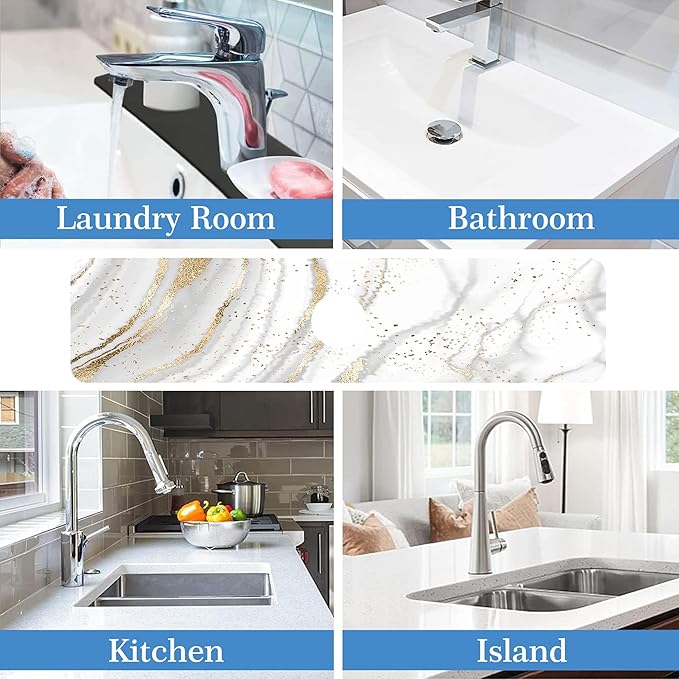 Faucet Mat Splash Guard Platinum Marble, Soft Diatom Mud Material, Strong Water Absorption, Non-slip,Easy to Clean for Bathroom, Kitchen 23.5"X5.5"