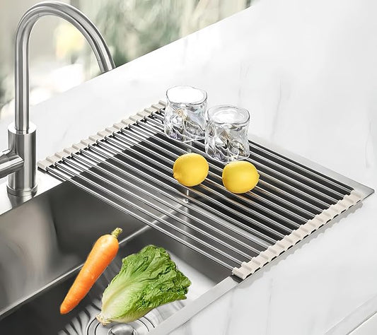 Roll Up Dish Drying Rack, 17.7" x 15.8" Over The Sink Dish Drying Rack, Kitchen Dish Rack Foldable Dish Drainer, Stainless Steel Dish Drying Rack for Kitchen Sink Counter Storage (Grey)