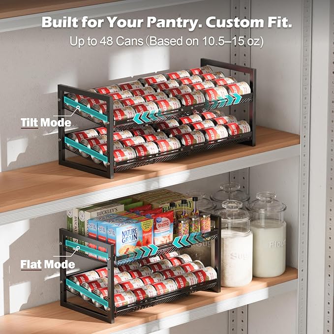 iSPECLE Extendable Can Organizer for Pantry, Adjustable Width Can Storage Organizer for 96 Cans, Heavy Duty Auto Rolling Dispenser Rack, Stackable Metal Shelf for Soup Spices Snacks, Black