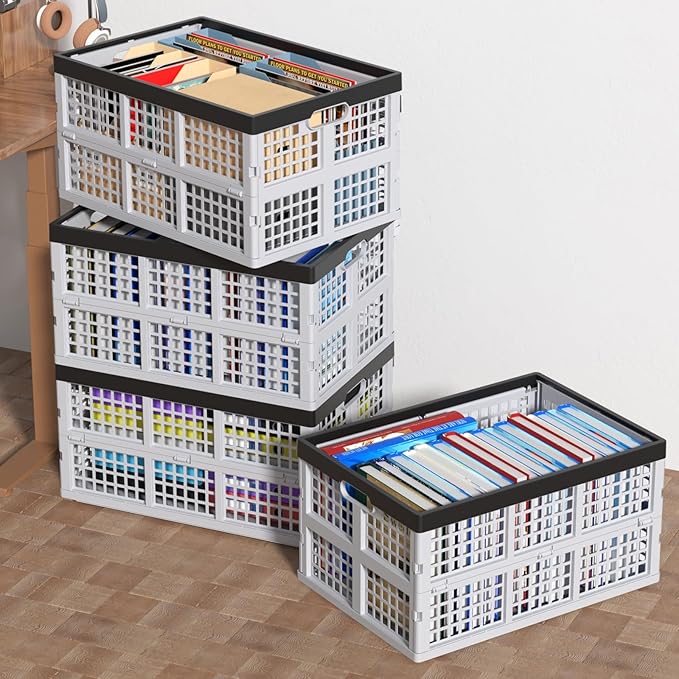 Parlynies 42 L Plastic Stackable Collapsible Storage Crate, 4-Pack Stacking Folding Storage Basket, Utility Crate Basket Containers