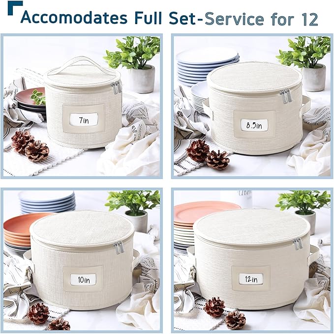 Fine China Storage Containers, 5 Piece Quilted Dish Storage Containers, Mug, Cup, and Plate Dish Organizer with Felt Dividers, Service of 12 Dinnerware Boxes for Moving, Seasonal Organization, Cream
