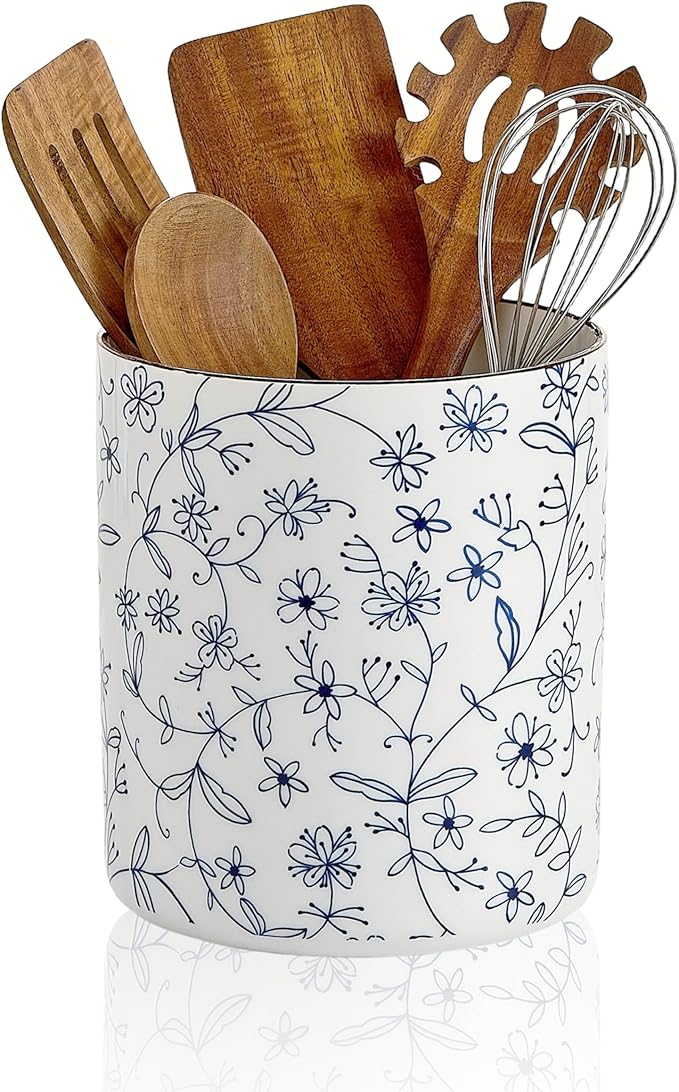 7.2'' Kitchen Utensil Holder – Farmhouse Ceramic Countertop Organizer with Cork Mat, Utensils Crock for Cooking Tools Spatula, Flowers, or Wine Chiller Kitchen Counter Deco (Blue and White)
