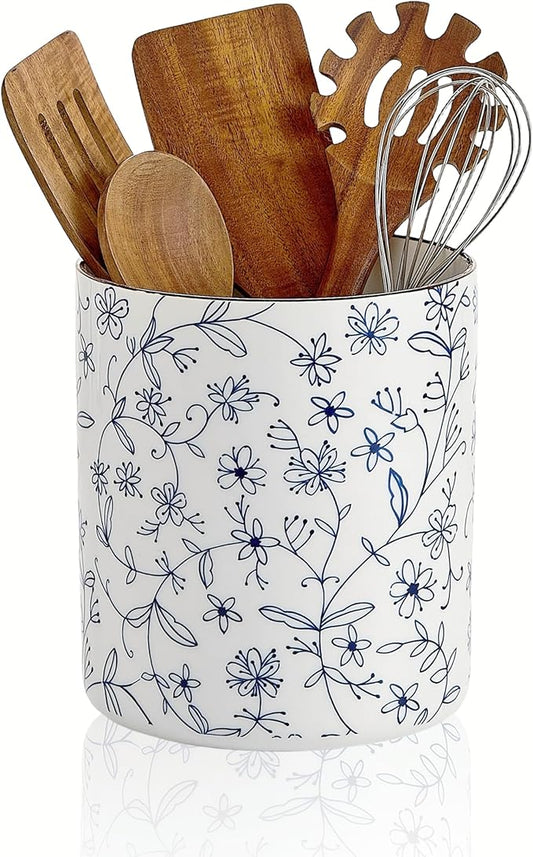 7.2'' Kitchen Utensil Holder – Farmhouse Ceramic Countertop Organizer with Cork Mat, Utensils Crock for Cooking Tools Spatula, Flowers, or Wine Chiller Kitchen Counter Deco (Blue and White)