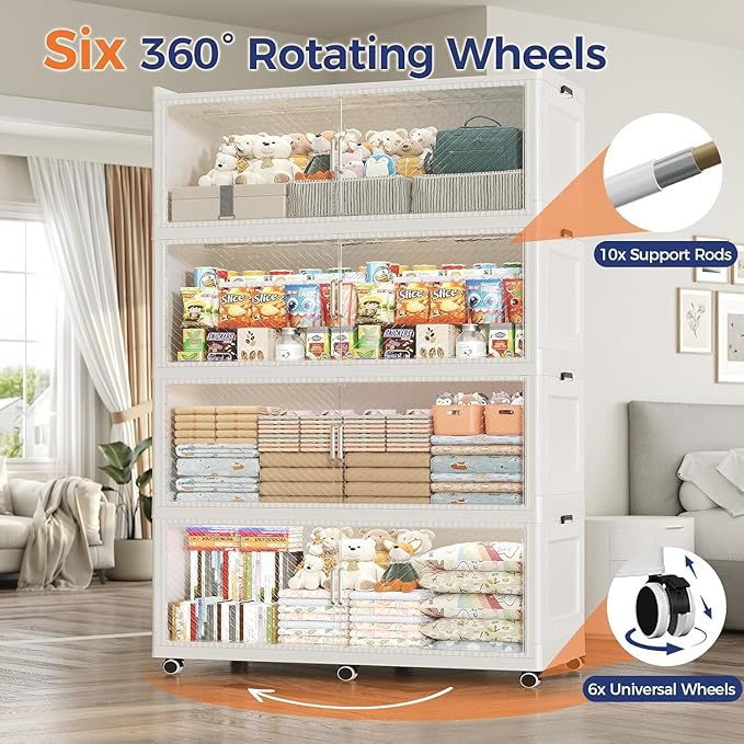 QAVABIN 240GAL Extra Large Storage Bins with Lid, 960QT Collapsible Organizer with Wheels, Stackable Closet Cabinet with Doors, Folding Storage Containers for Home, Office, Kitchen, 3Pack White