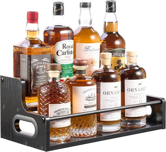 2-Tier Liquor Bottle Display Shelf, Coffee Syrup Rack Organizer, Water Bottle Organizer, Mini Bar Cabinet, Rustic Bar Shelves for Liquor Whiskey, Spirits（Black）