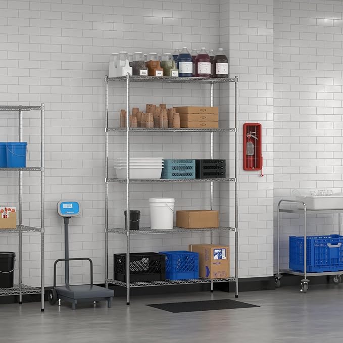 Commercial NSF Listed Chrome Stationary Wire Shelving Kit 21" x 48" x 86", with 5 Shelves Perfect for Warehouse, Walk-in Refrigerator, Freezer, Grocery Store, Restaurant, Dishroom