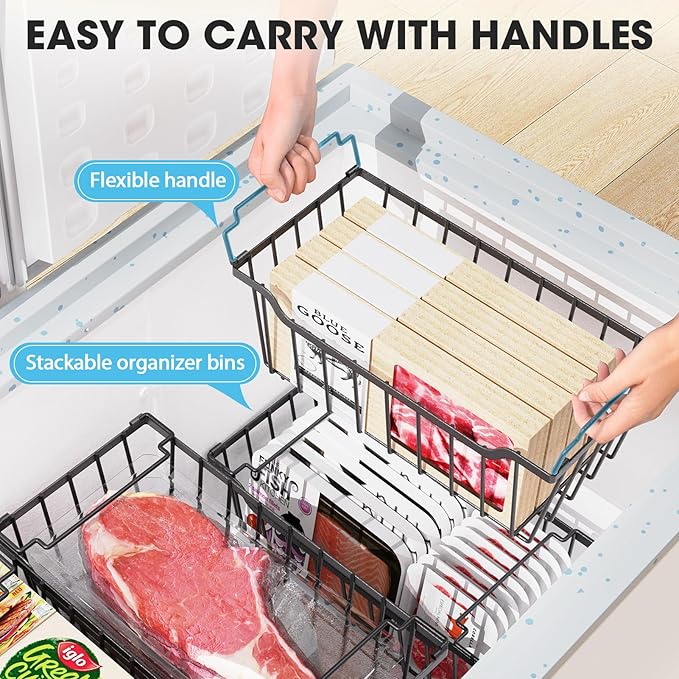 Freezer Organizer Bins, 4 Pack Stackable Chest Freezer Organizer for 5-7 Cu.FT Deep Freezer Sort Frozen Meats and Food, Freezer Storage Baskets with Handles Easy Reach from Bottom, Black