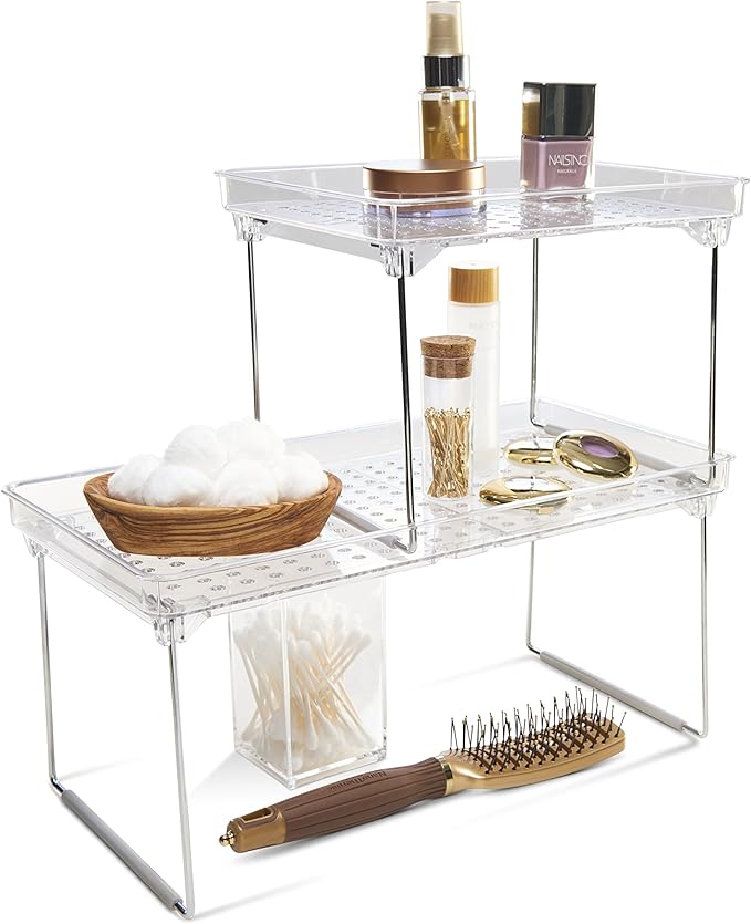 madesmart Medium Stackable Storage Shelf for Cabinets or Counters, Plastic Collapsible Cabinet Shelf for Home Organization, Clear (Pack of 2)