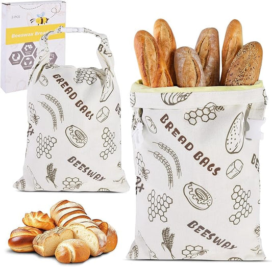 2Pack Reusable Bread Bags for Homemade Bread Organic Beeswax Cotton Bag -17x12in Food Storage with Snap Closure Fresh KeepingSourdough Storage Bag Thicker Organic Beeswax Sealed Bag(White)