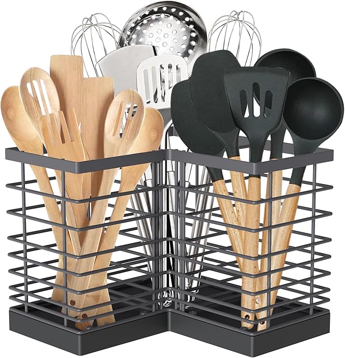 Suli Kitchen Utensil Holder with 3 Compartments，Grey Metal Corner Kitchen Caddy for Countertop，Farmhouse Rustic Cooking Storage-Grey
