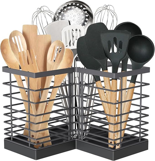 Suli Kitchen Utensil Holder with 3 Compartments，Grey Metal Corner Kitchen Caddy for Countertop，Farmhouse Rustic Cooking Storage-Grey