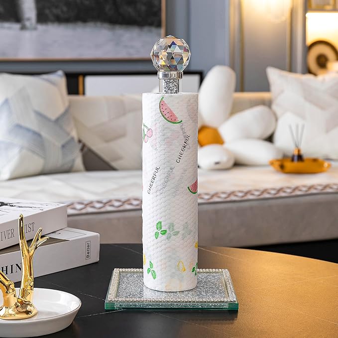Hochance Silvery Crystal Standing Paper Towel Roll Holder Countertop Weighted Rack,Glam Cute Bling Rhinestone Jeweled Diamonds Modern Decoration Christmas Housewarming Gifts for Kitchen Home Bar