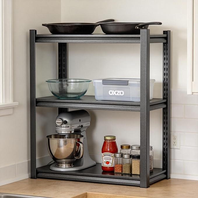 Pantry Kitchen Shelves, Metal Shelving, 3 Tier Bakers Rack With Storage Pantry Shelf, 1800 Lbs Industrial Shelving Stand, Kitchen Storage Organization Free Standing Shelves, Black 27.6"W×13.8"D×31.5"H