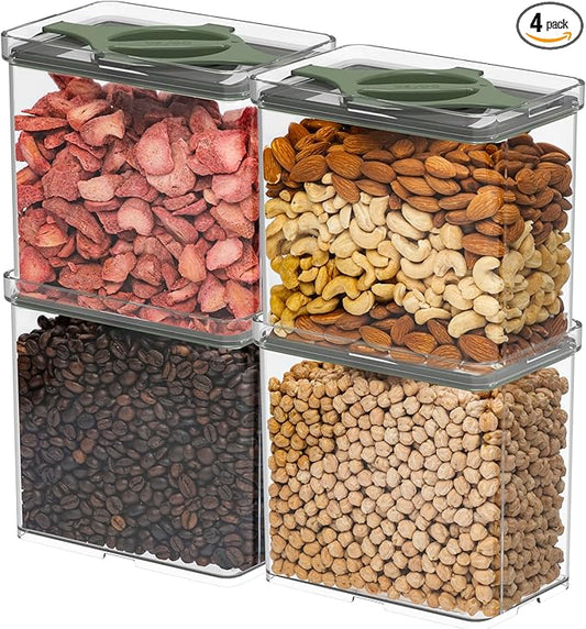 4-Pack Airtight Pantry Containers, 1.9 QT / 1.8 L Clear Food Storage Jars with Leakproof Twist-Lock Lids, Detachable Lid for Easy Cleaning, Cereal, Pasta, Rice, Oats, Snack Storage- Green