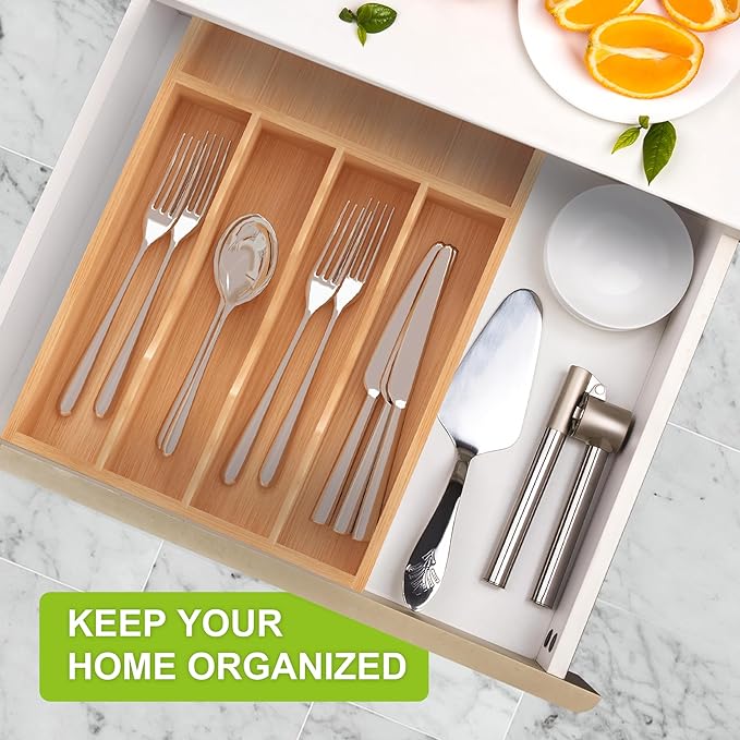 Bamboo Utensil Drawer Organizer with Removable Dividers, Kitchen Organizer for Flatware Cutlery, Silverware Tray for Drawer (6/5 Flexible Slots, Natural)